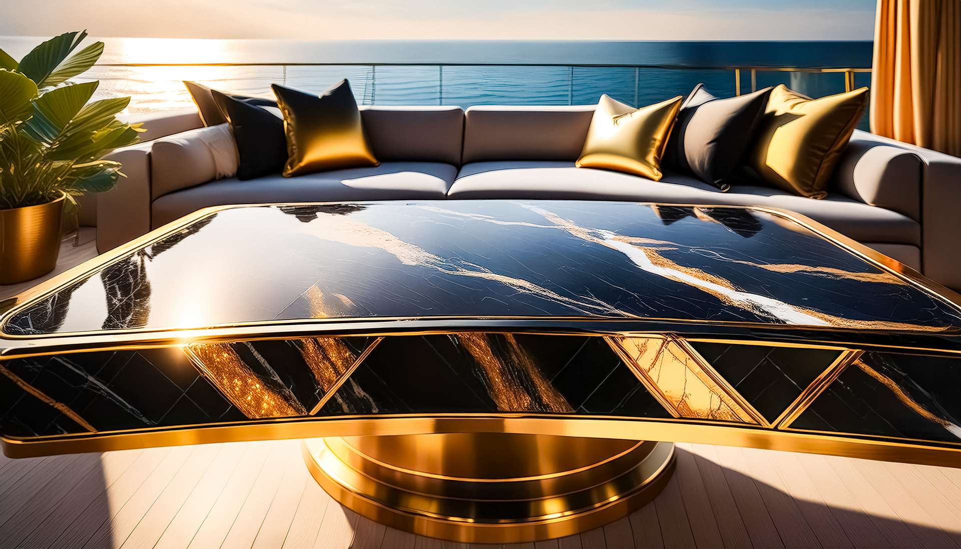 A close-up shot of a luxurious golden table with a marble top, placed on a yacht deck overlooking the ocean. The table features intricate details and a gleaming finish, reflecting the sunlight and the surrounding views.